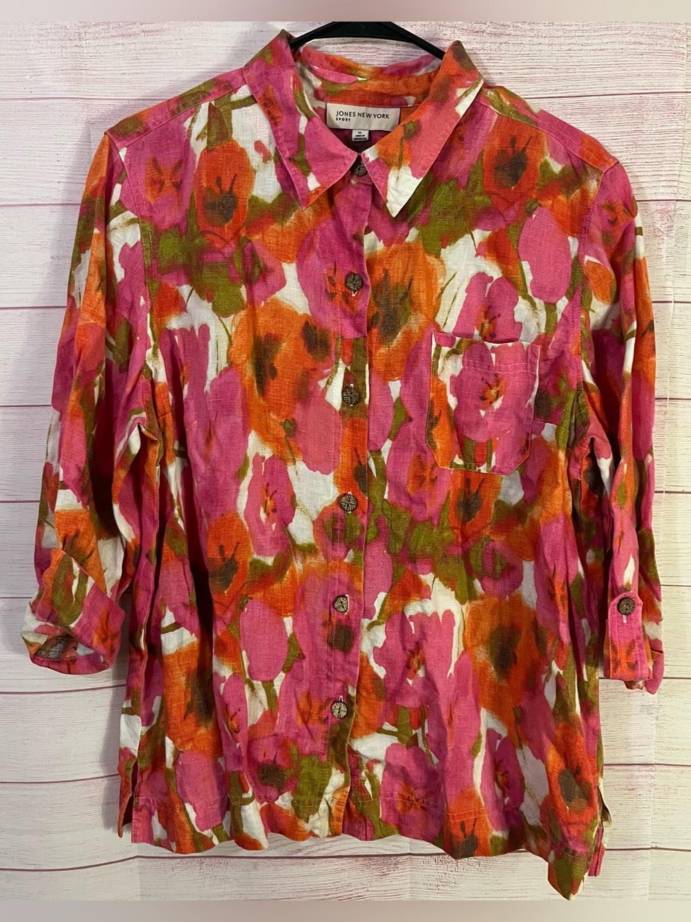 Jones New York Sport‎ Floral 100% Linen Button Down Top Size XL
